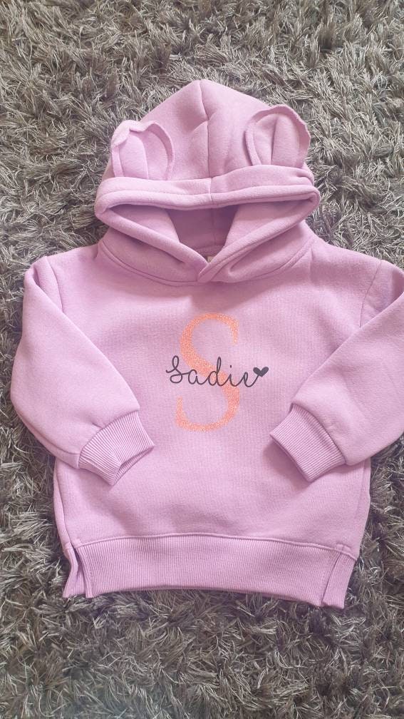 Personalised Lilac Kids Hoodie with Bear Ears, Custom Name & Initial Hoodie for Children