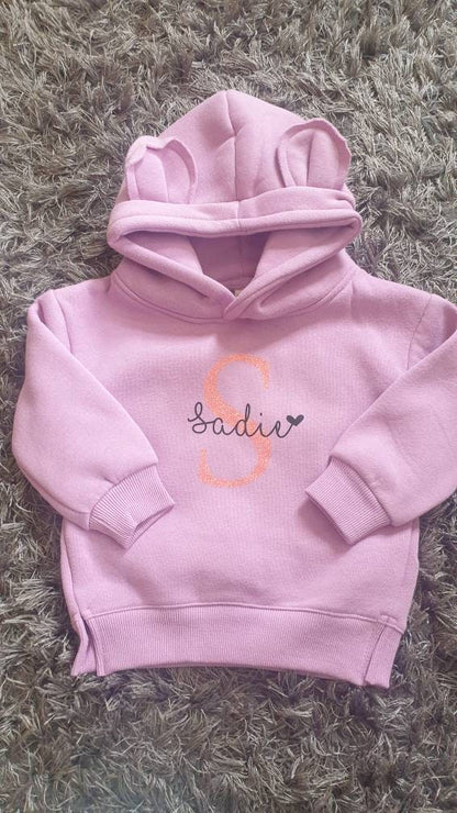 Personalised Lilac Kids Hoodie with Bear Ears, Custom Name & Initial Hoodie for Children