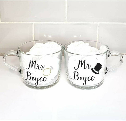 Engagement Gift, Wedding Gift, Mr & Mrs Personalised Tea Coffee Glasses, Wedding Present, Couples Mugs, His and Hers, Ireland, Irish