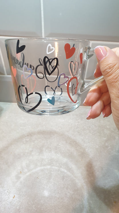 Heart Personalised Tea Coffee Glasses, Name and Love Hearts, Coffee Lovers Gift, Custom Mug, Mothers Day Gift, For Mum, Ireland, Irish