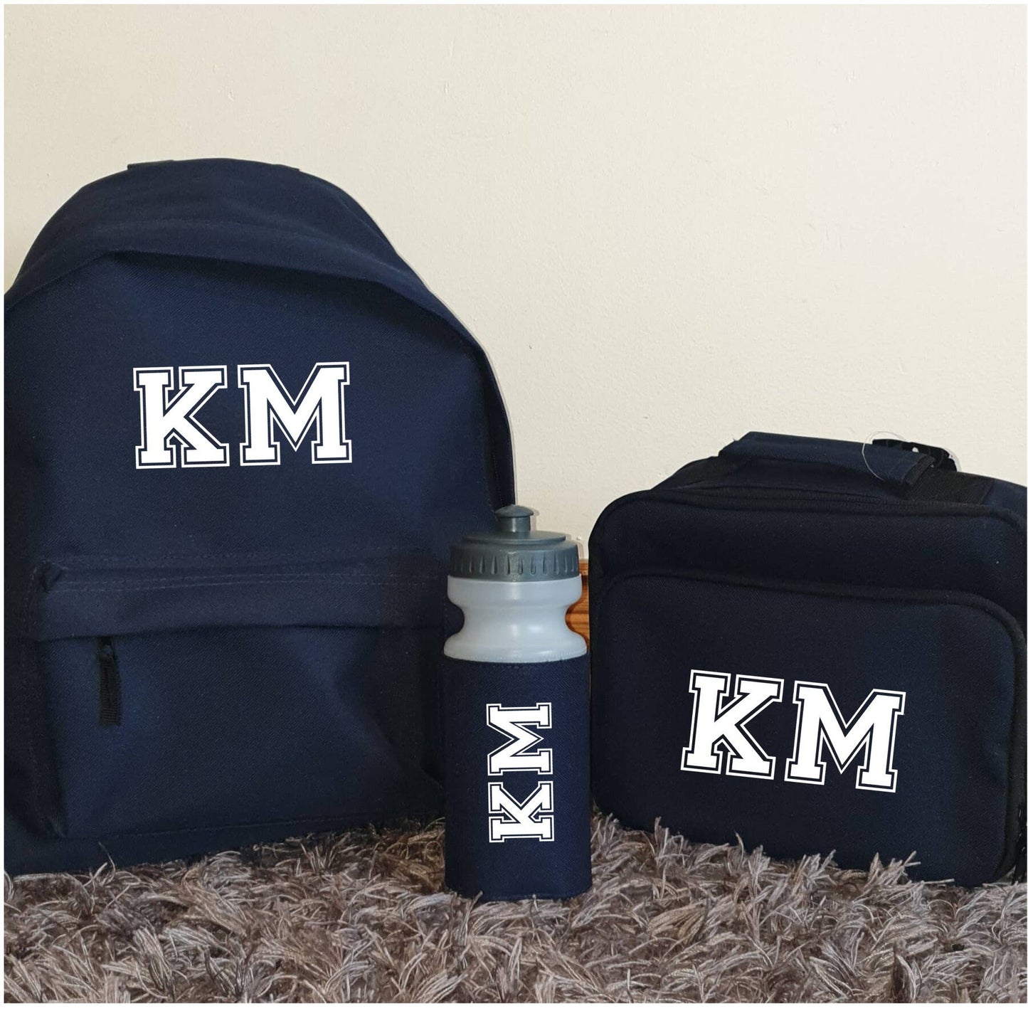 Personalised Navy Back To School Set, Backpack, Water Bottle, Lunch Box, Nursery, Toddler, Preschool, Creche, Name, Initial, Ireland,  Irish