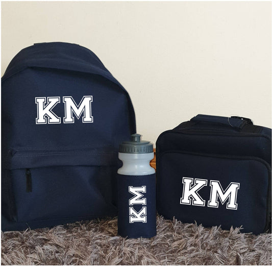 Personalised Navy Back To School Set, Backpack, Water Bottle, Lunch Box, Nursery, Toddler, Preschool, Creche, Name, Initial, Ireland,  Irish