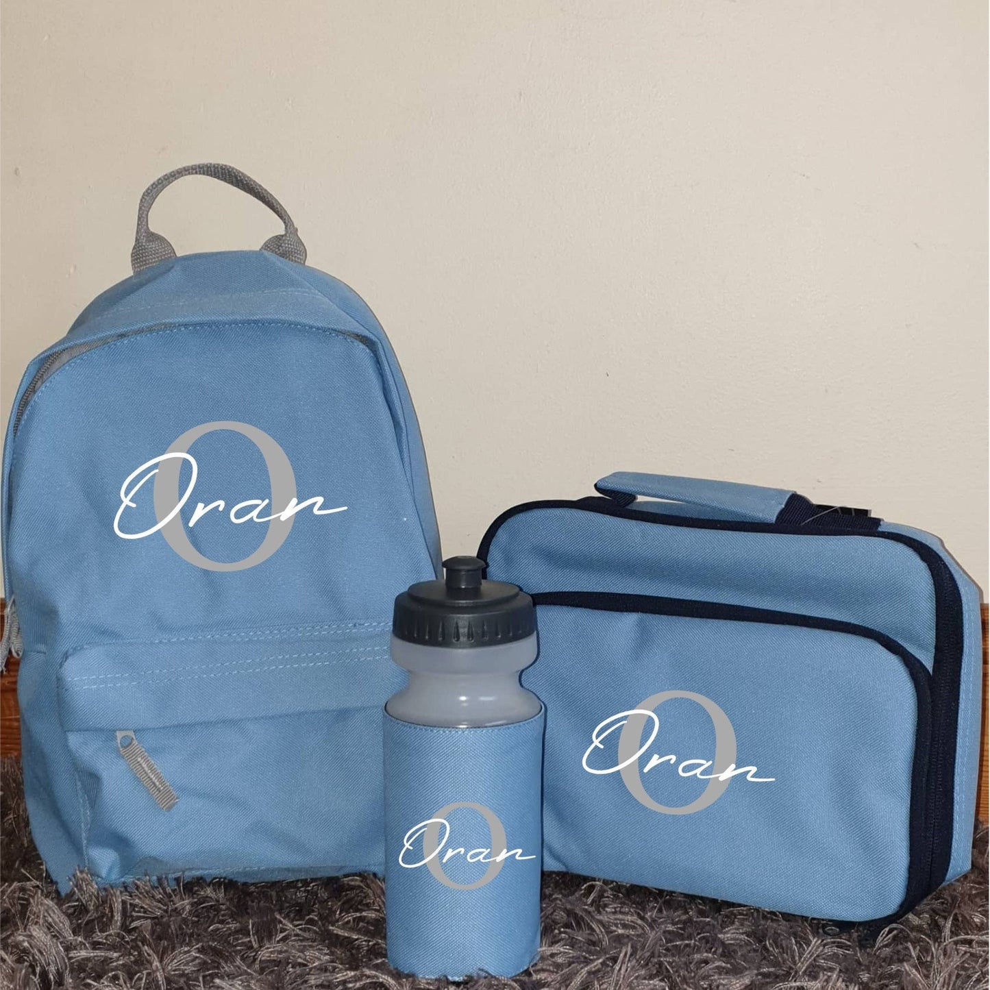 Personalised Blue Back To School Set, Backpack, Water Bottle, Lunch Box, Nursery, Toddler, Preschool, Creche, Name, Initial, Ireland,  Irish