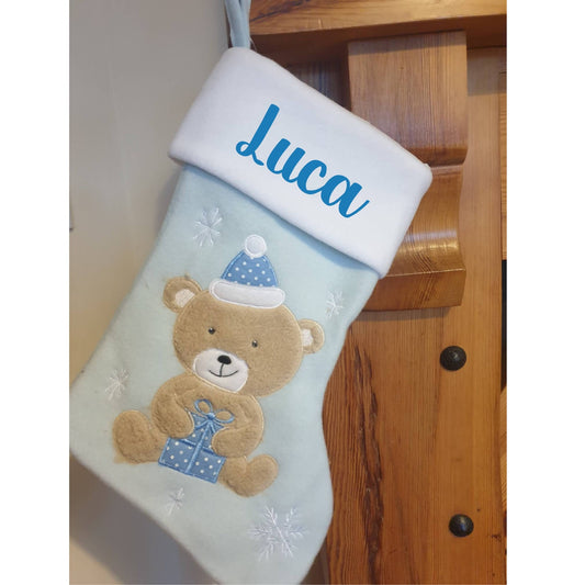 Personalised Blue Teddy Christmas Stocking | Ireland