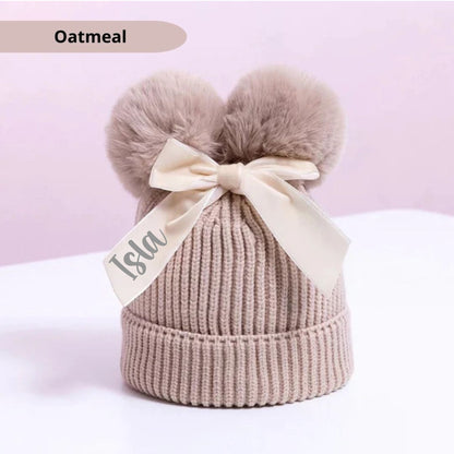 Girls Black Pom Pom Hat, Personalised Hat, Double Bobble Hat, Toddler Christmas Gift, Knitted Winter Hat With Bow, Ireland, Irish