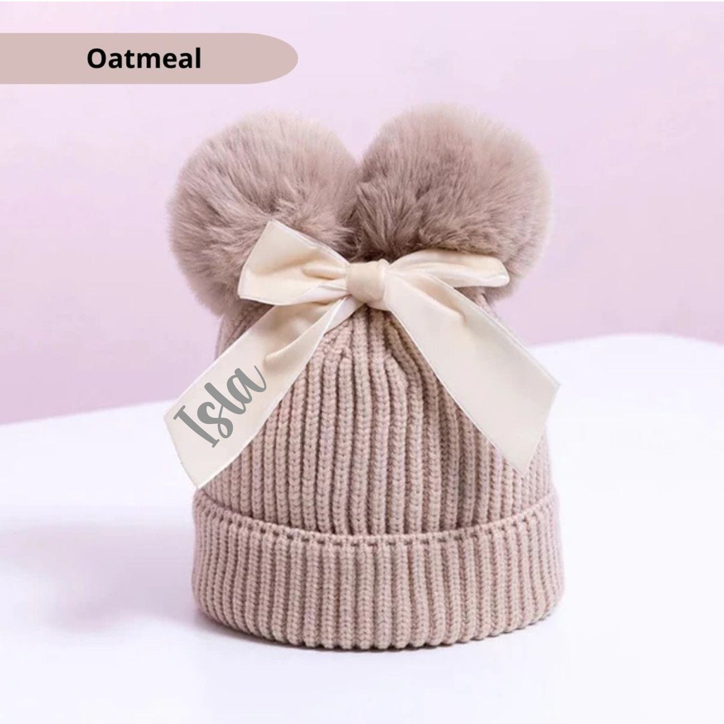 Girls Brown Pom Pom Hat, Personalised Hat, Double Bobble Hat, Toddler Christmas Gift, Knitted Winter Hat With Bow, Ireland, Irish