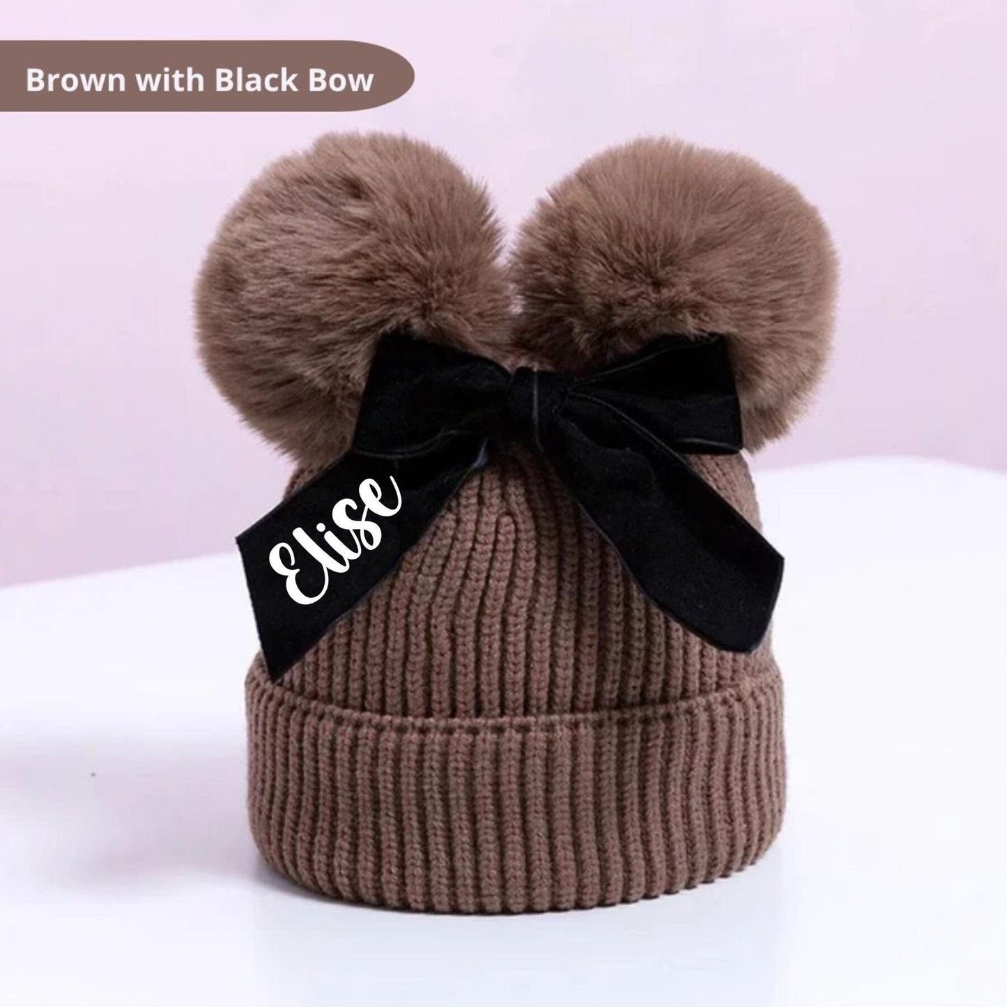 Girls Brown Pom Pom Hat, Personalised Hat, Double Bobble Hat, Toddler Christmas Gift, Knitted Winter Hat With Bow, Ireland, Irish