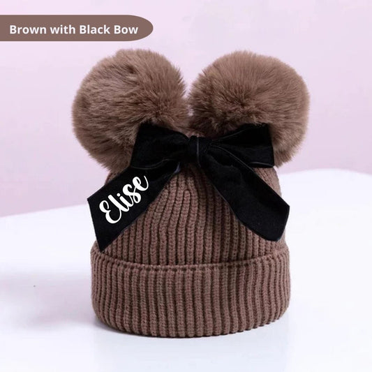 Girls Brown Pom Pom Hat, Personalised Hat, Double Bobble Hat, Toddler Christmas Gift, Knitted Winter Hat With Bow, Ireland, Irish