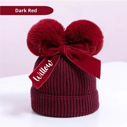 Girls Brown Pom Pom Hat, Personalised Hat, Double Bobble Hat, Toddler Christmas Gift, Knitted Winter Hat With Bow, Ireland, Irish