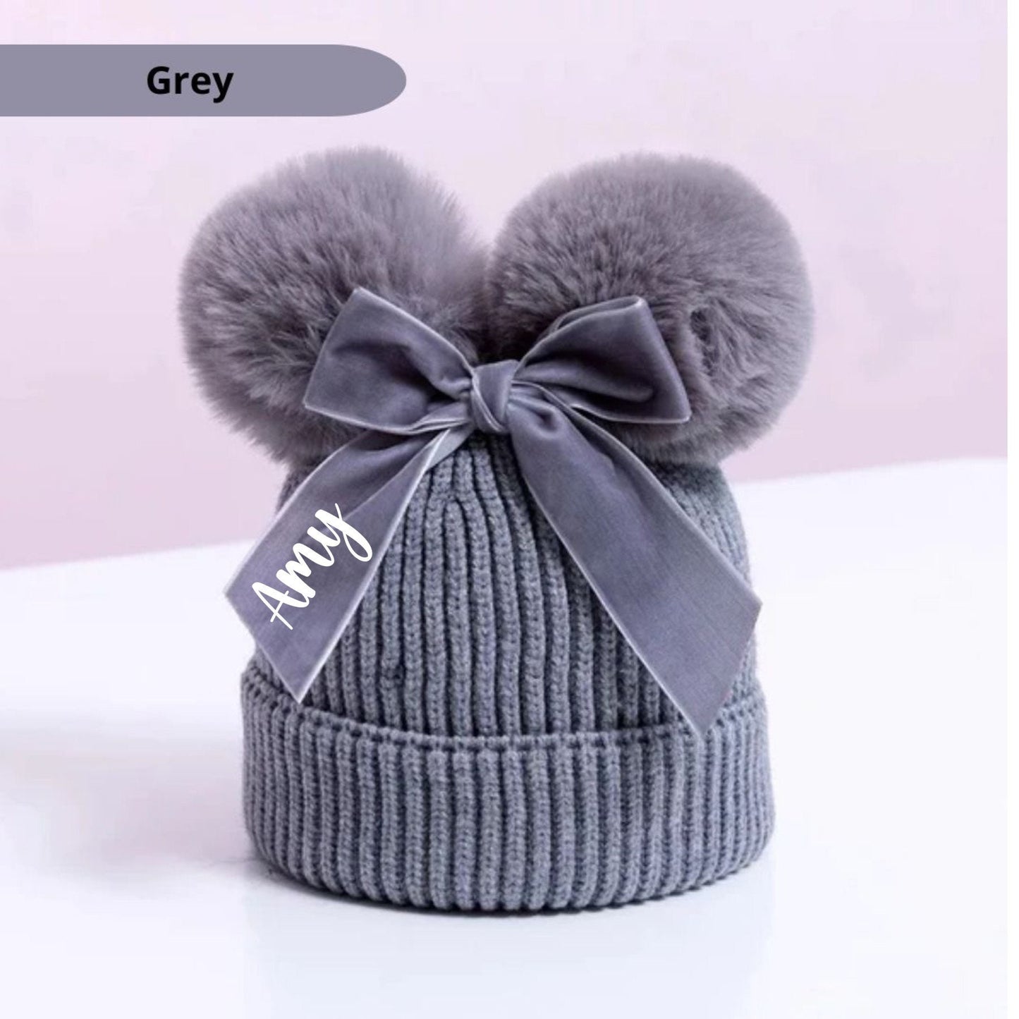 Girls Brown Pom Pom Hat, Personalised Hat, Double Bobble Hat, Toddler Christmas Gift, Knitted Winter Hat With Bow, Ireland, Irish