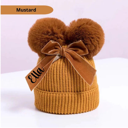 Girls Brown Pom Pom Hat, Personalised Hat, Double Bobble Hat, Toddler Christmas Gift, Knitted Winter Hat With Bow, Ireland, Irish
