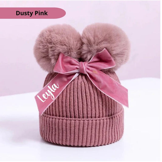 Girls Pink Pom Pom Hat, Personalised Hat, Double Bobble Hat, Toddler Christmas Gift, Knitted Winter Hat With Bow, Ireland, Irish
