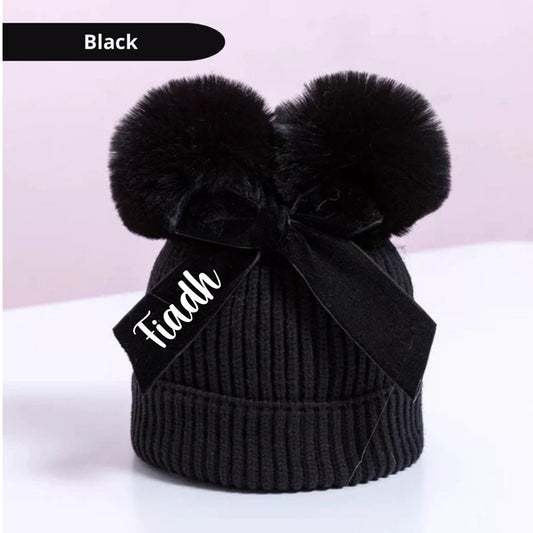 Girls Black Pom Pom Hat, Personalised Hat, Double Bobble Hat, Toddler Christmas Gift, Knitted Winter Hat With Bow, Ireland, Irish