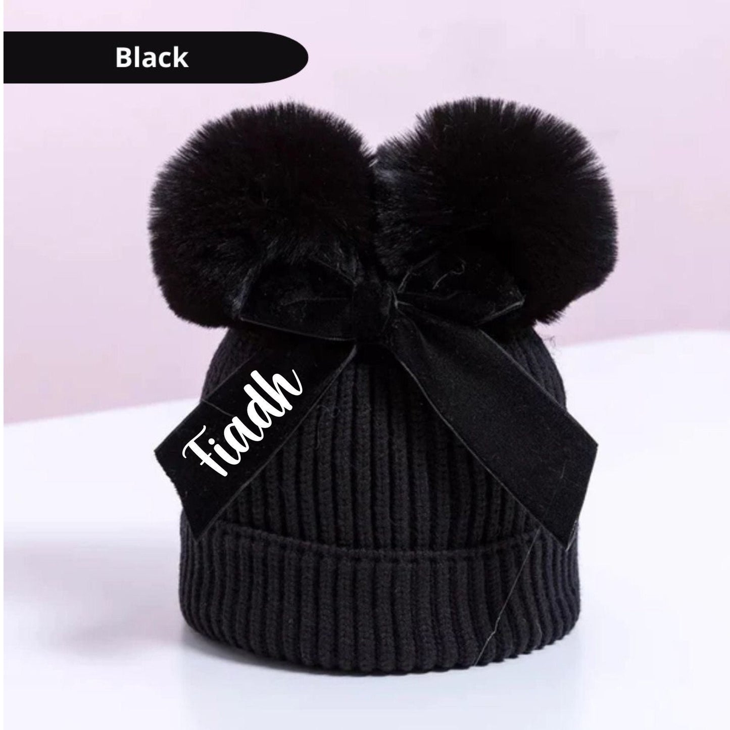 Girls Brown Pom Pom Hat, Personalised Hat, Double Bobble Hat, Toddler Christmas Gift, Knitted Winter Hat With Bow, Ireland, Irish