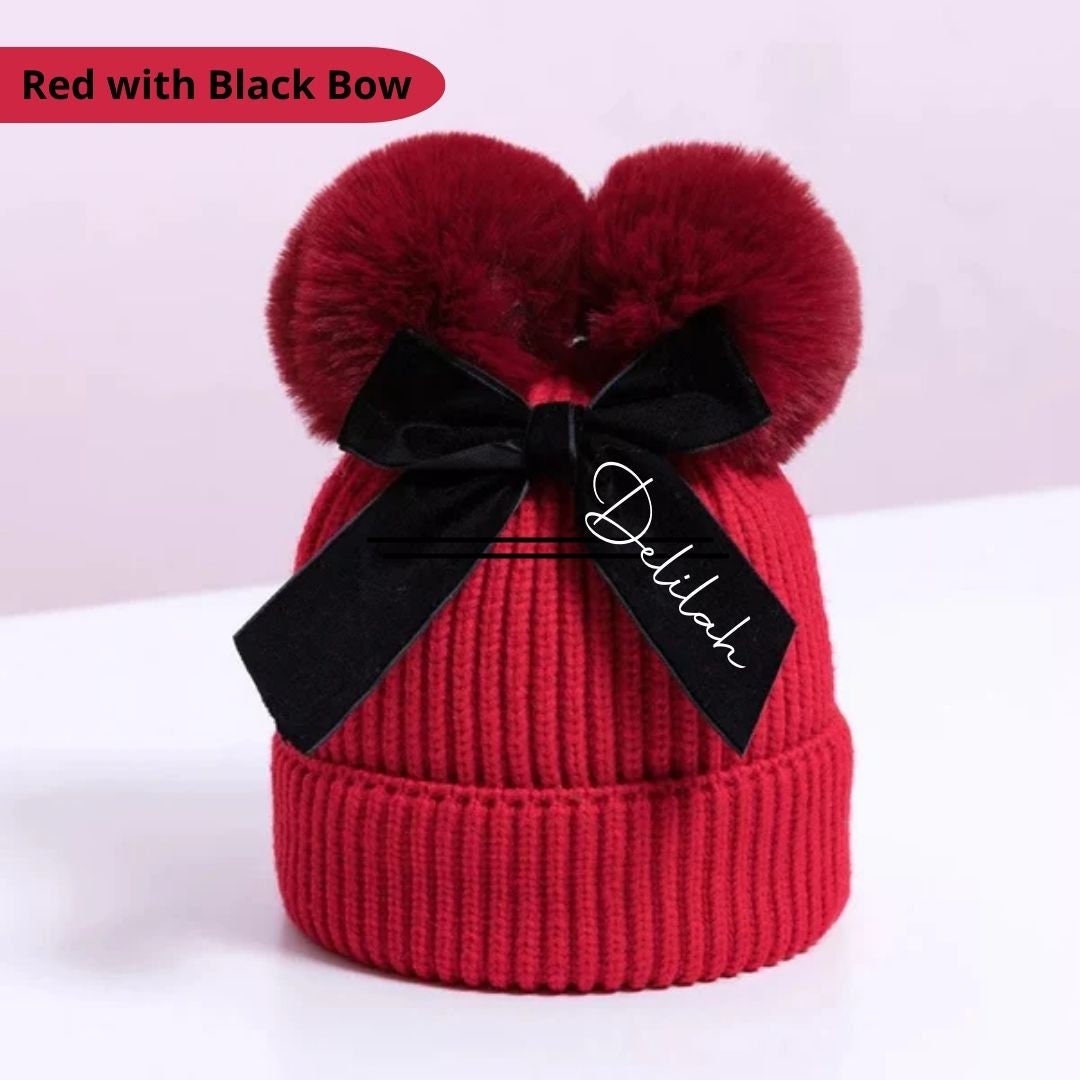 Girls Festive Pom Pom Hat, Personalised Hat, Double Bobble Hat, Toddler Christmas Gift, Knitted Winter Hat With Bow, Ireland, Irish
