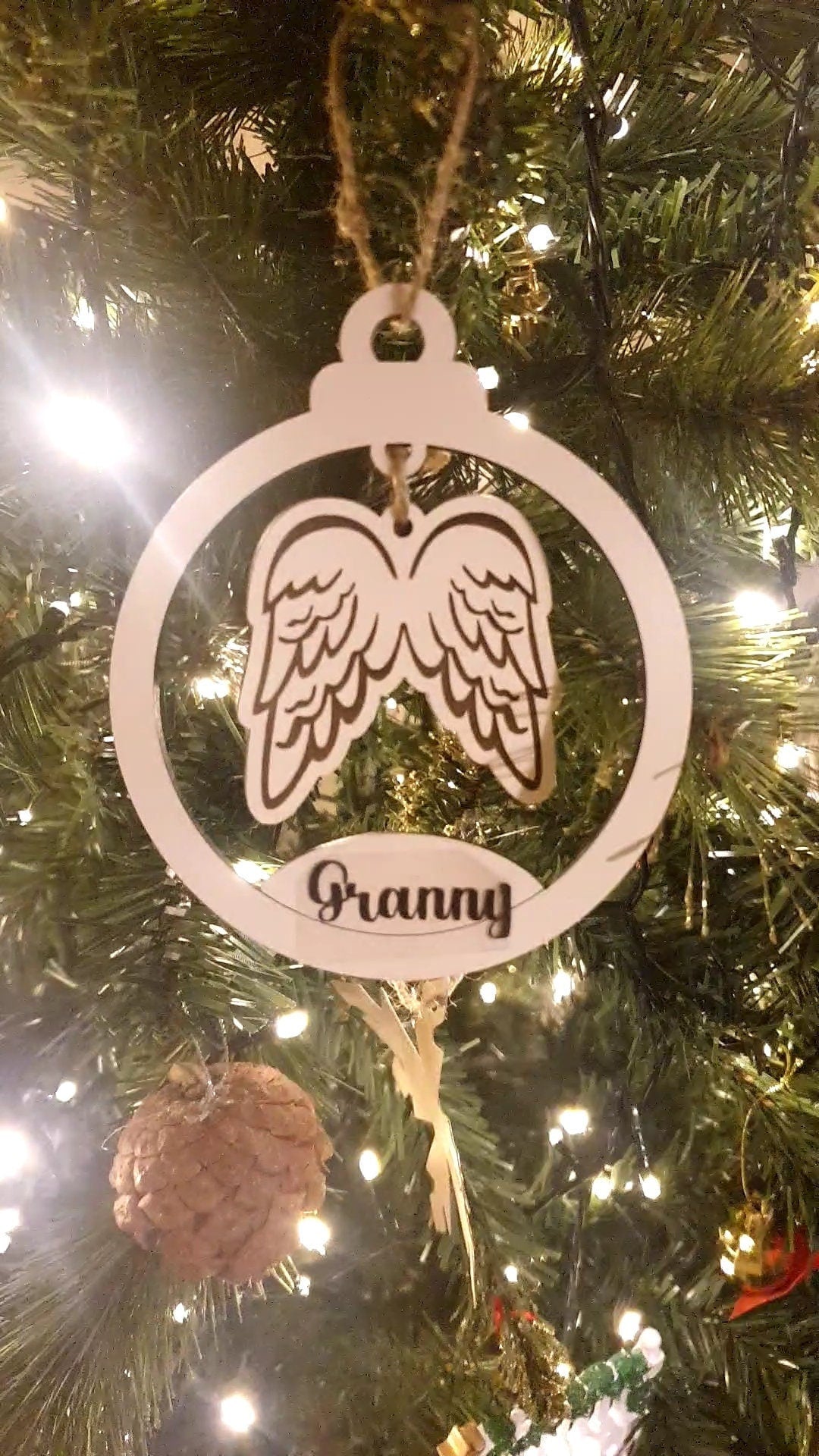 Personalised Memorial Christmas Tree Ornament, Angel Wings Decoration, Keepsake Gift, Flat Bauble, Ireland, Irish
