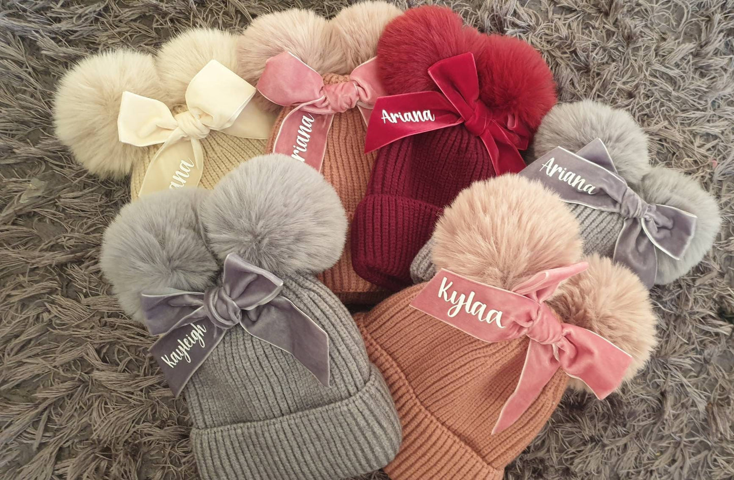 Girls Cream Pom Pom Hat, Personalised Hat, Double Bobble Hat, Toddler Christmas Gift, Knitted Winter Hat With Bow, Ireland, Irish