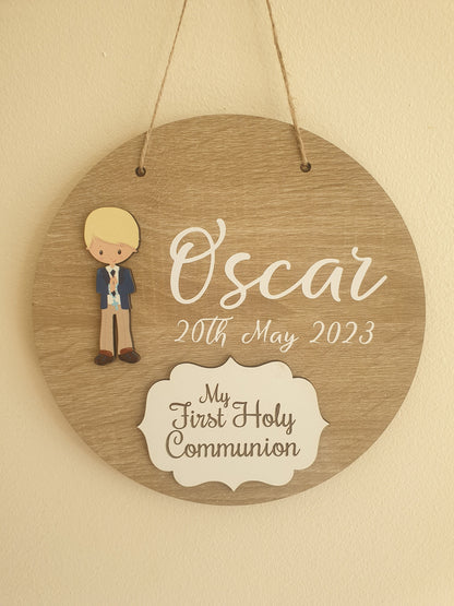 Holy Communion Gift | Communion Keepsake For Boys | 20cm Round Sign | Personalised | Hanging Decoration | Custom Gift | Irish |Ireland