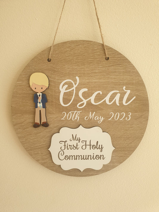 Holy Communion Gift | Communion Keepsake For Boys | 20cm Round Sign | Personalised | Hanging Decoration | Custom Gift | Irish |Ireland