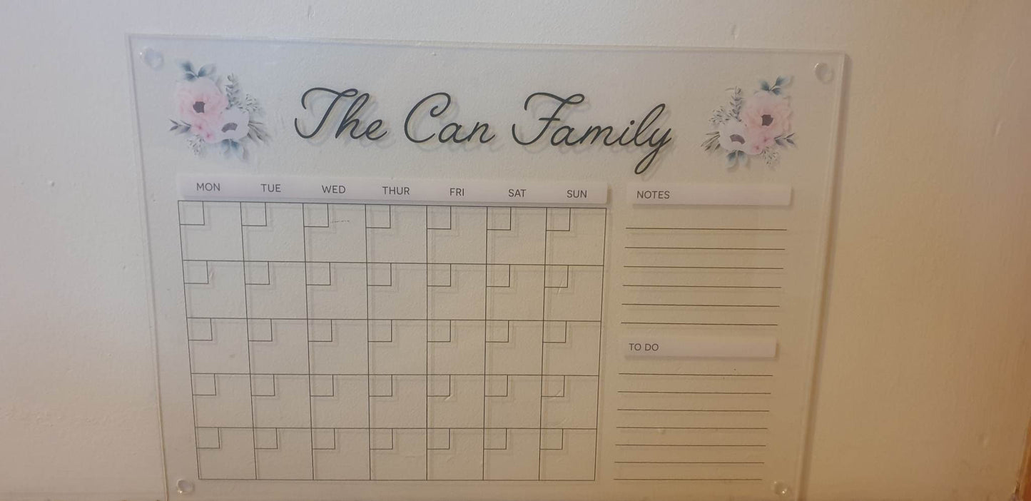 Large Acrylic Wall Planner, Personalised Family Calendar, A3 Monthly Planner, Floral Wall Planner, Household Organisation, Ireland, Irish