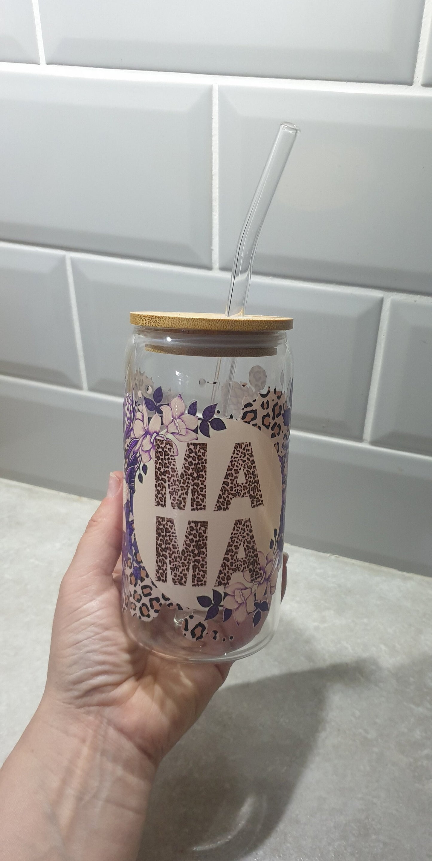 Mama Glass Tumbler, Iced Coffee Cup With Lid And Straw, Bamboo Glass Cup, Can Glass, New Mum Gift, Mom, Leopard Print Glass, Ireland, Irish