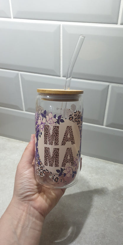 Mama Glass Tumbler, Iced Coffee Cup With Lid And Straw, Bamboo Glass Cup, Can Glass, New Mum Gift, Mom, Leopard Print Glass, Ireland, Irish
