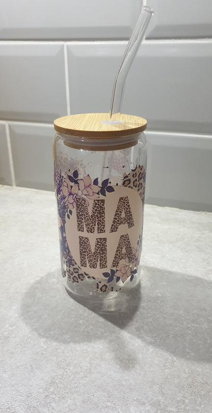 Mama Glass Tumbler, Iced Coffee Cup With Lid And Straw, Bamboo Glass Cup, Can Glass, New Mum Gift, Mom, Leopard Print Glass, Ireland, Irish