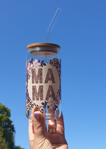 Mama Glass Tumbler, Iced Coffee Cup With Lid And Straw, Bamboo Glass Cup, Can Glass, New Mum Gift, Mom, Leopard Print Glass, Ireland, Irish