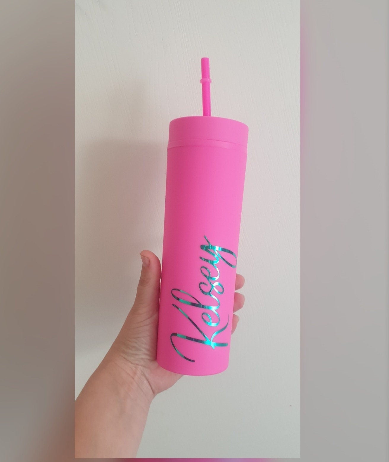 Personalised 16oz Skinny Tumbler With Name, Double Walled Cup With Lid And Straw