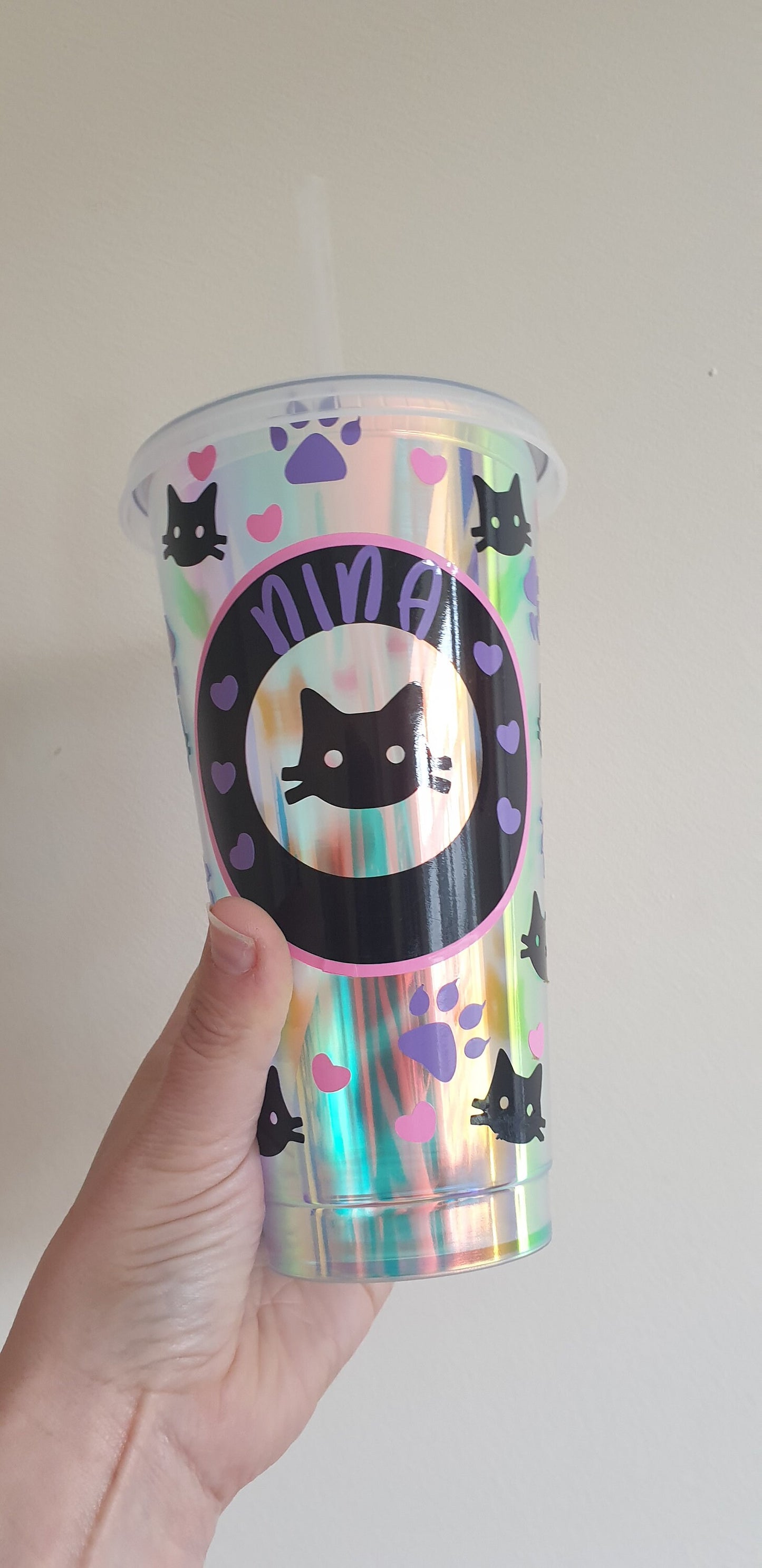 Holographic Cold Cup, Cat Lovers Gift, Cup with Straw, Custom Tumbler, Cat Theme, Girl Birthday, Reusable Cup, Opal, Ireland, Irish
