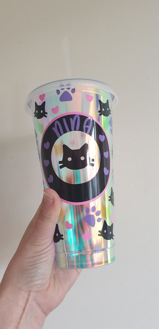 Holographic Cold Cup, Cat Lovers Gift, Cup with Straw, Custom Tumbler, Cat Theme, Girl Birthday, Reusable Cup, Opal, Ireland, Irish