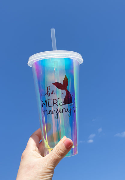 Mermaid Holographic Cold Cup With Straw, Custom Tumbler, Sea Theme, Girl Birthday, Reusable Cup, Opal, Hen Party Gift, Ireland, Irish