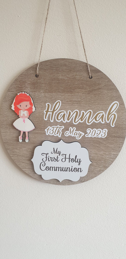 Holy Communion Gift | Communion Keepsake For Girls | 20cm Round Sign | Personalised | Hanging Decoration | Custom Gift | Irish |Ireland