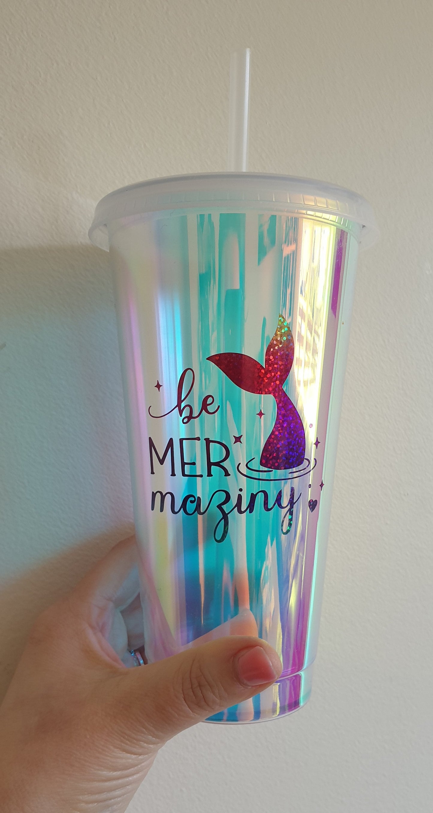 Mermaid Holographic Cold Cup With Straw, Custom Tumbler, Sea Theme, Girl Birthday, Reusable Cup, Opal, Hen Party Gift, Ireland, Irish
