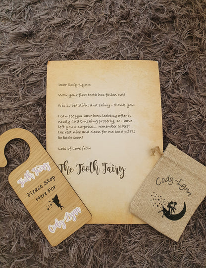 Personalised Tooth Fairy Set | Door Hanger | Lost Tooth And Coin Pouch | Letter from fairy | First Teeth | Tooth Bag | Ireland | Irish