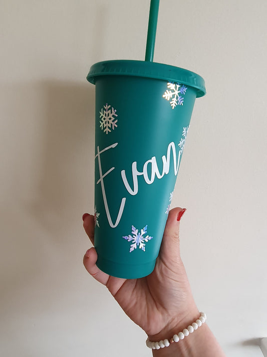 Christmas Snowflake Cup, Personalised Tumbler, Straw Drink Container, Reusable Cup, Secret Santa Gift, Custom Name, Ireland, Irish