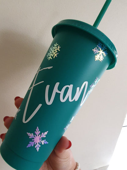 Christmas Snowflake Cup, Personalised Tumbler, Straw Drink Container, Reusable Cup, Secret Santa Gift, Custom Name, Ireland, Irish