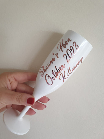 Personalised Plastic Champagne Flute, Hen Party, Bridal Party, Bridesmaid Gift, Wedding, Birthday, Pink Flute, White Flute, Ireland, Irish