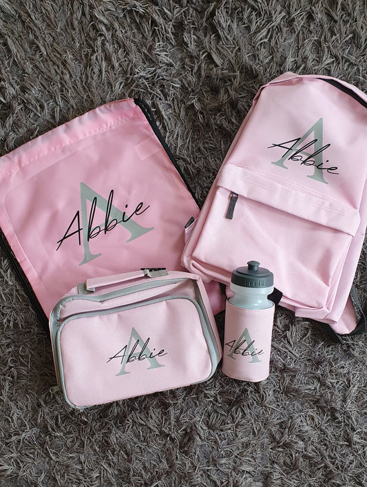 Personalised Pink Back To School Set, Backpack, Water Bottle, Lunch Box, Nursery, Toddler, Preschool, Creche, Name, Initial, Ireland,  Irish