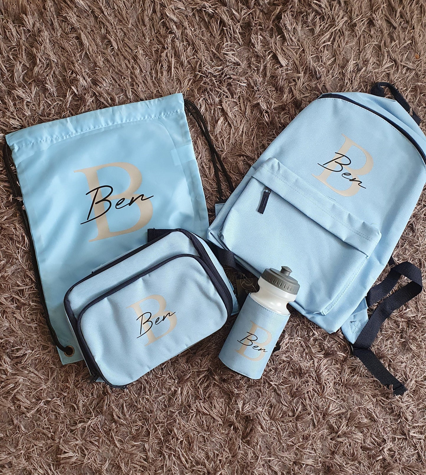 Personalised Blue Back To School Set, Backpack, Water Bottle, Lunch Box, Nursery, Toddler, Preschool, Creche, Name, Initial, Ireland,  Irish