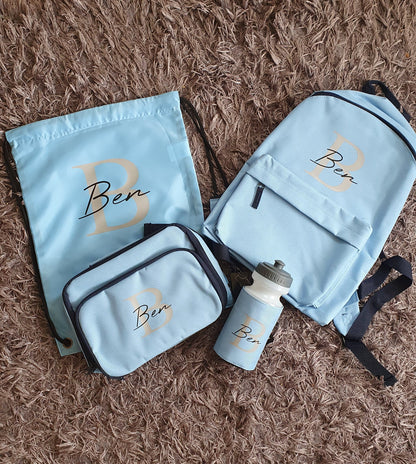 Personalised Blue Back To School Set, Backpack, Water Bottle, Lunch Box, Nursery, Toddler, Preschool, Creche, Name, Initial, Ireland,  Irish