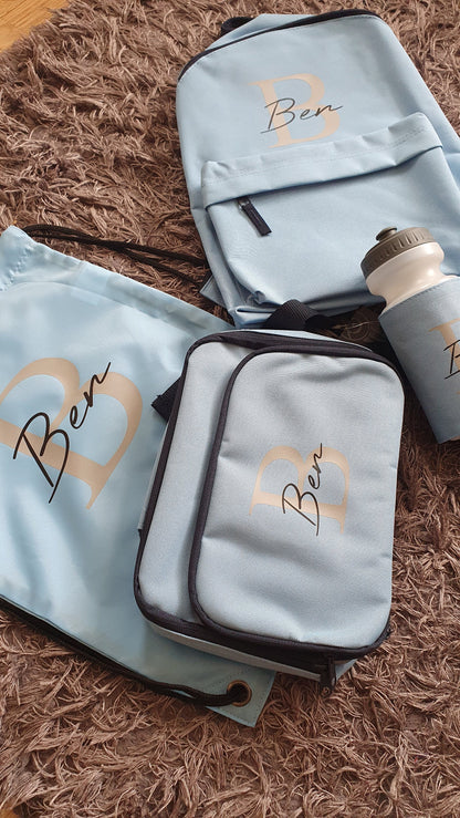 Personalised Blue Back To School Set, Backpack, Water Bottle, Lunch Box, Nursery, Toddler, Preschool, Creche, Name, Initial, Ireland,  Irish
