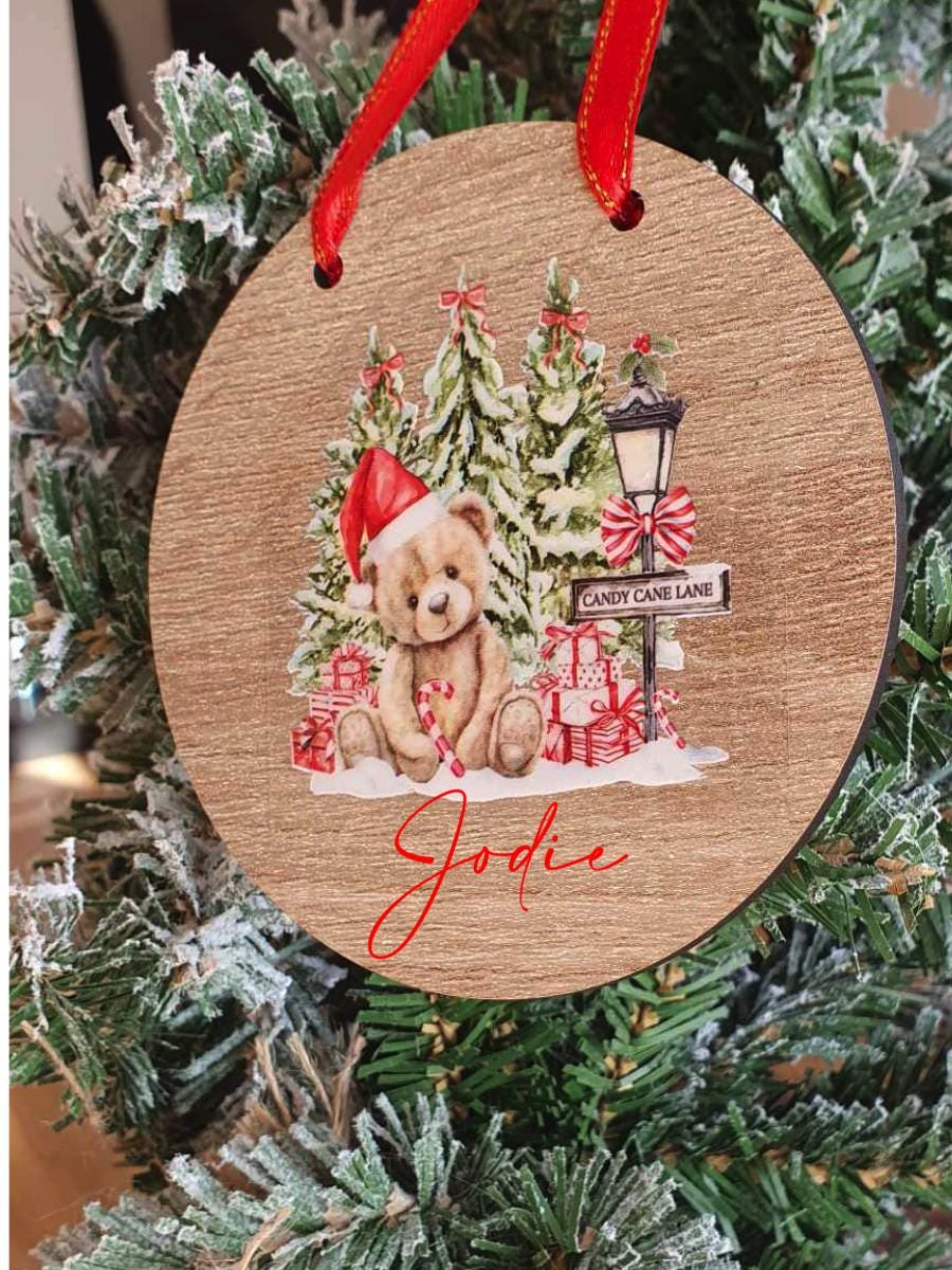 Personalised Christmas Bauble, First Christmas, Keepsake Bauble, Christmas Bear, Christmas Tree Decoration With Name, Wooden, Ireland, Irish