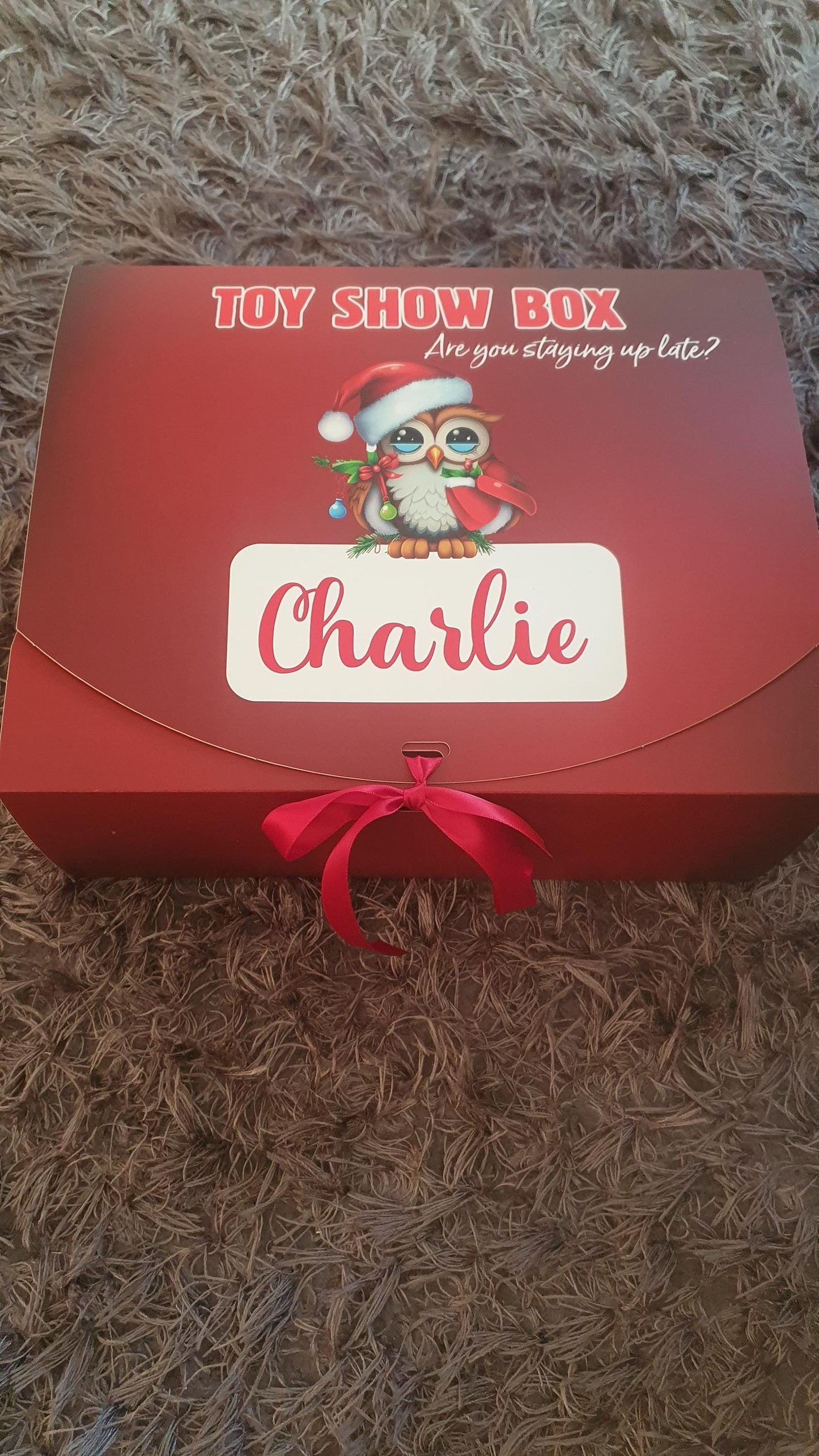 Toy Show Box, Personalised Treat Box, Christmas Snacks Box, Christmas Eve, Reusable, Family Treat Box, Custom Name, Xmas Owl, Ireland, Irish