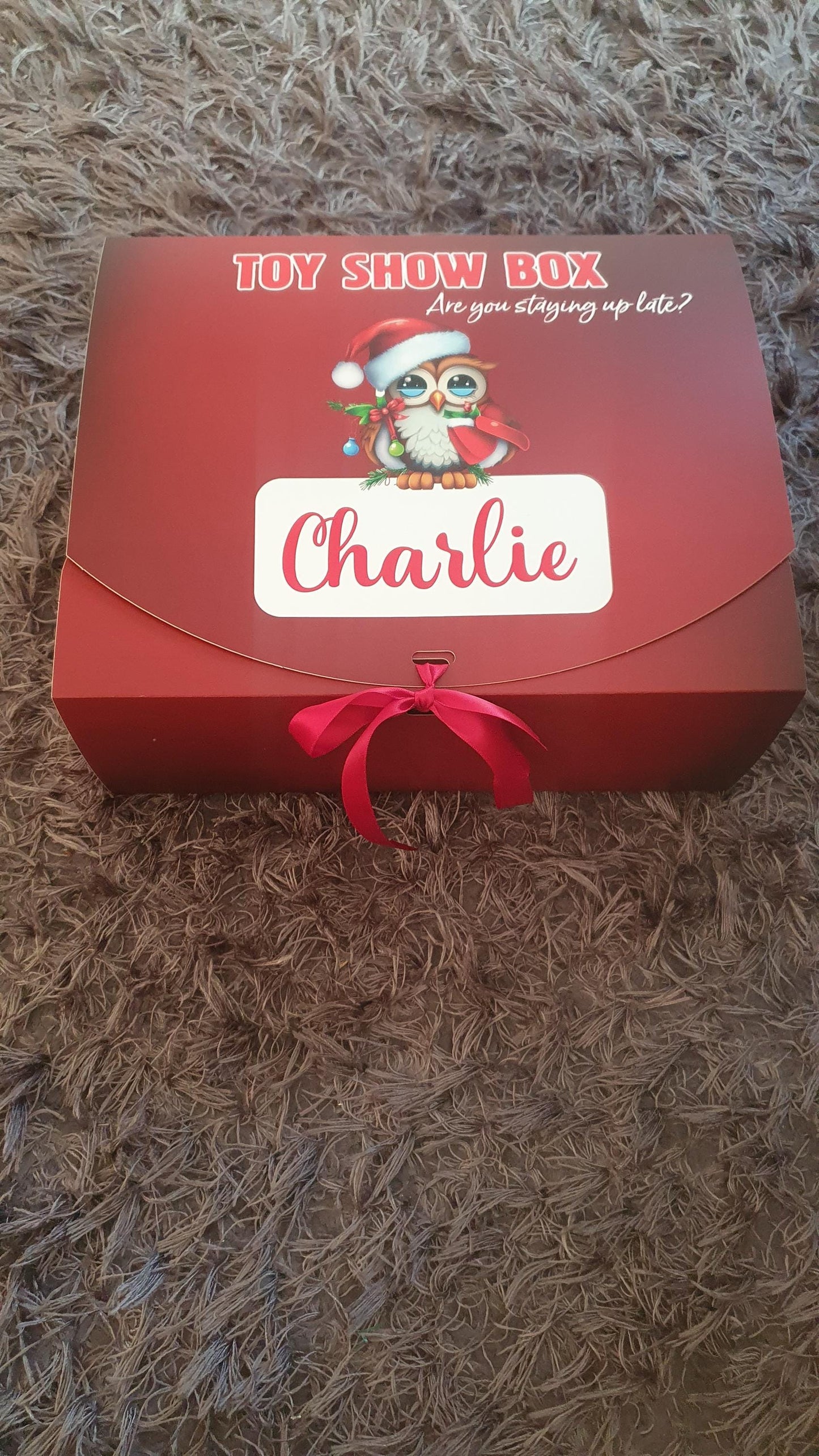 Toy Show Box, Personalised Treat Box, Christmas Snacks Box, Christmas Eve, Reusable, Family Treat Box, Custom Name, Xmas Owl, Ireland, Irish