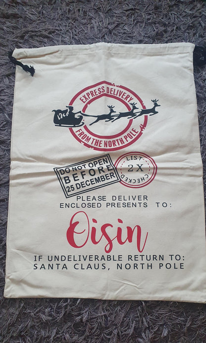 Large Personalised Santa Sack, Christmas Sack, Custom Xmas Bag, First Christmas Tradition, Santa's Delivery, Xmas Eve, Ireland, Irish
