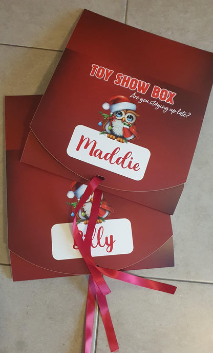 Toy Show Box, Personalised Treat Box, Christmas Snacks Box, Christmas Eve, Reusable, Family Treat Box, Custom Name, Xmas Owl, Ireland, Irish