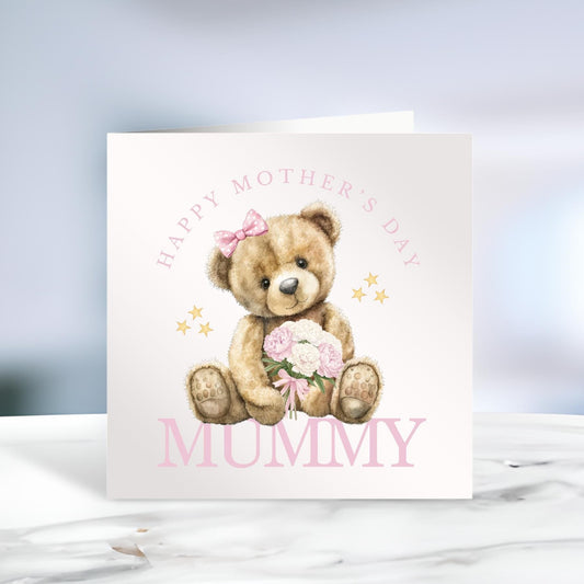 Mother’s Day Card featuring the text ‘Happy Mother’s Day Mummy’ in pink writing and a teddy bear holding a bouquet of pink flowers. Other images show the text in blue, and different name variations ie Mammy, Granny.