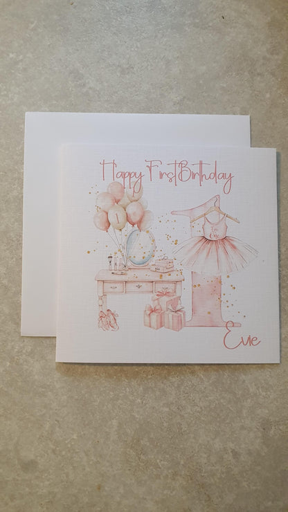 Personalised Girls First Birthday Card, One Card, Custom Text, Birthday CarGranddaughter, Daughter, Niece, Ballerina Card, Ireland, Irish