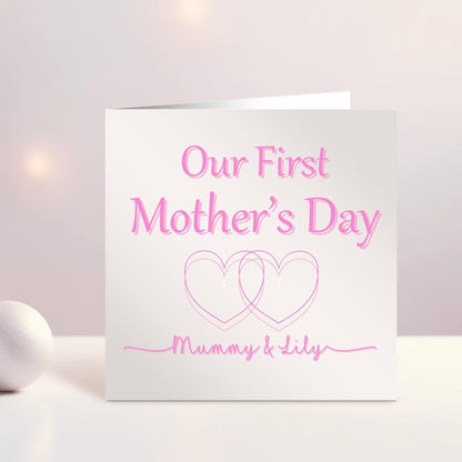 Personalised Mother's Day Card, Happy Mother's Day Mammy, Mummy, Mommy, Baby's First Mother's Day, Blue Heart, Pink Hearts, Ireland, Irish
